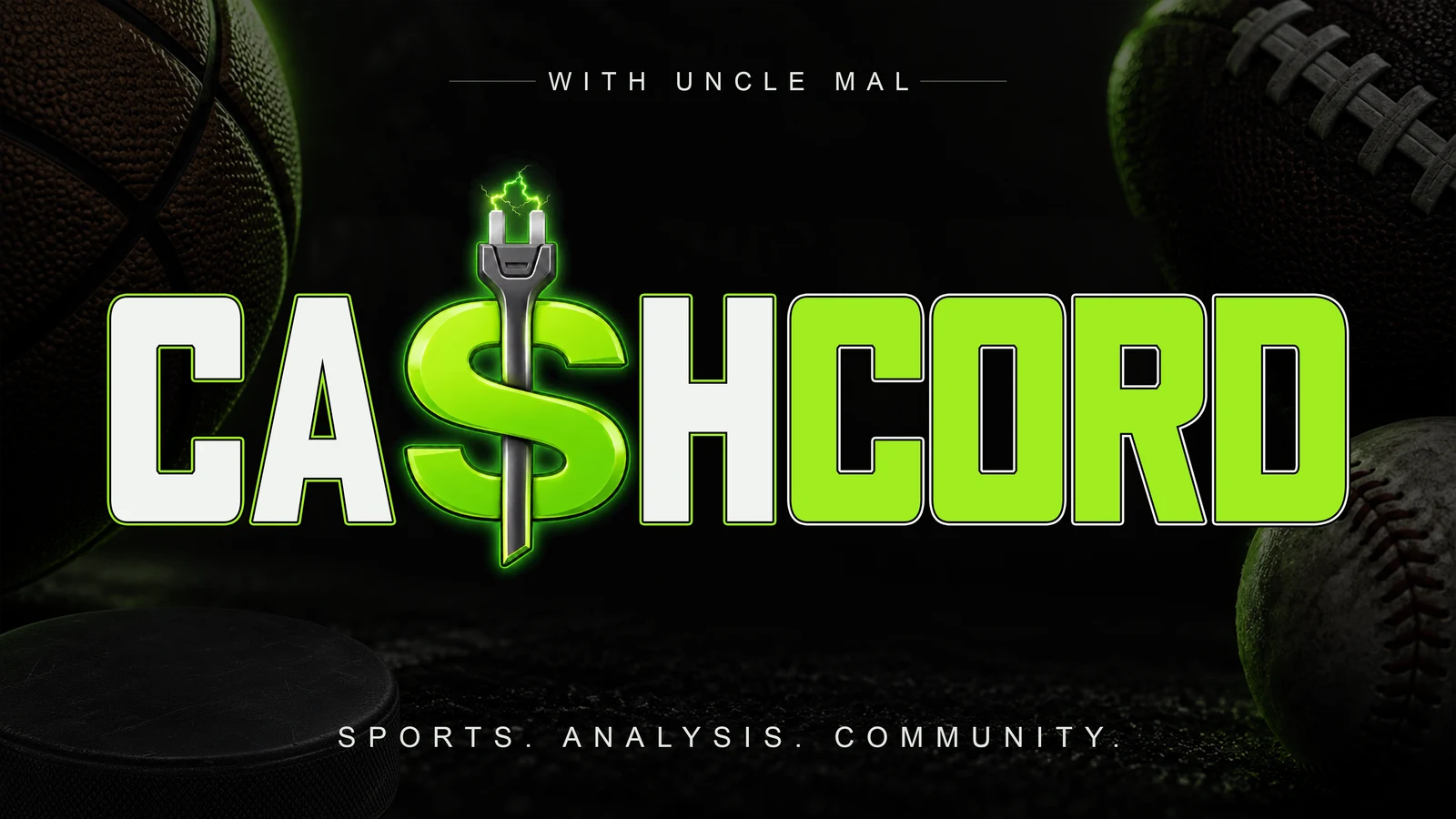 CashCord with Uncle Mal. Sports. Analysis. Community. Basketball, football, baseball, and a hockey puck surround the CashCord wordmark.